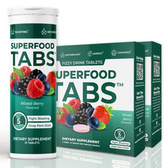 Superfood Tabs detox bottle pour showing mixed berry flavor and cleanse support
