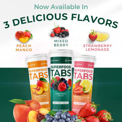 Superfood Tabs ingredients map visual highlights superfoods and gut-supporting components.