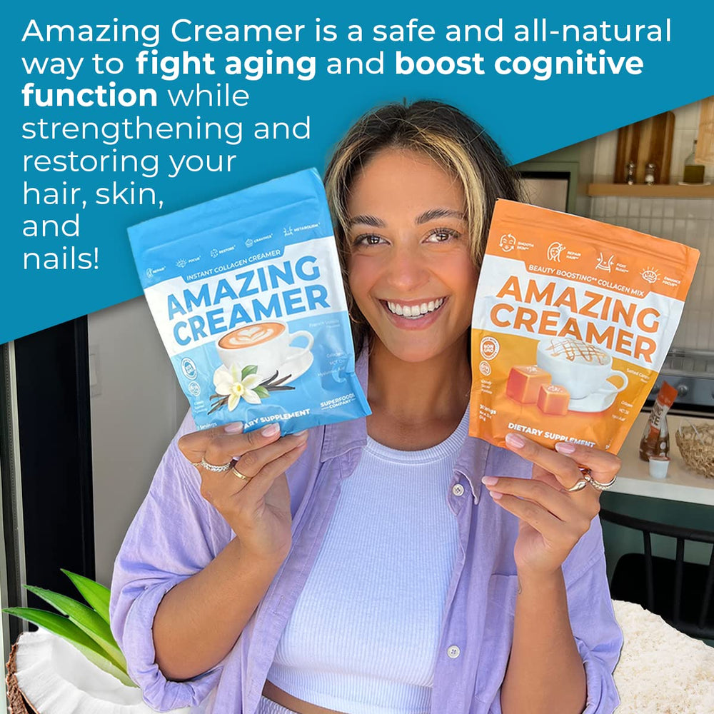 Amazing Creamer sachets beside a coffee cup highlighting convenience.