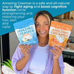 Amazing Creamer sachets beside a coffee cup highlighting convenience.