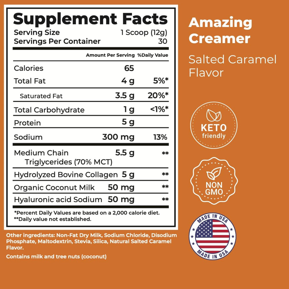 Ingredients panel highlights collagen, MCT oil, hyaluronic acid
