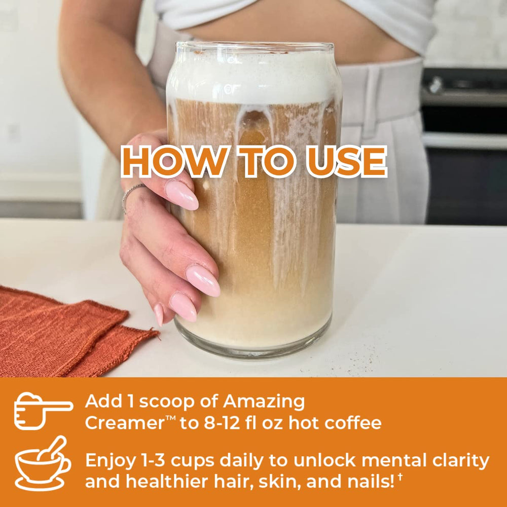 Pour scene of Amazing Creamer with salted caramel flavor for easy mixing