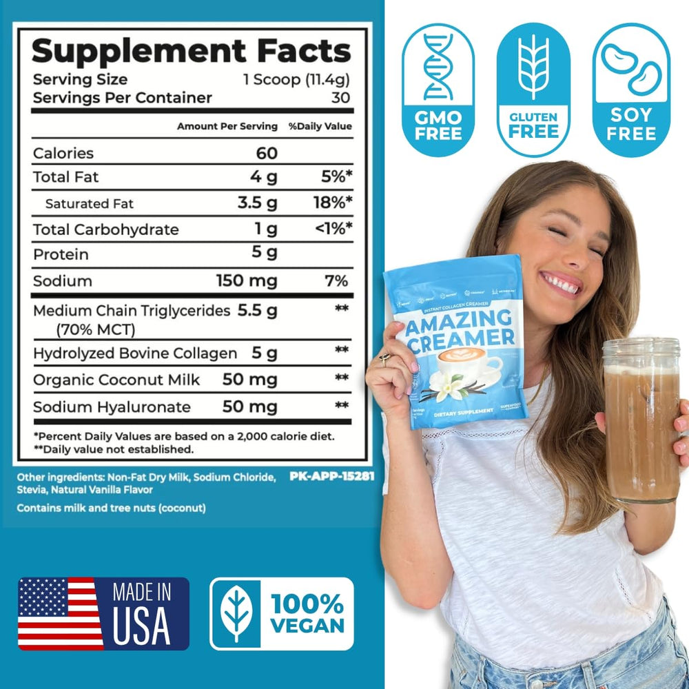 Amazing Creamer ingredients close-up: collagen, MCT oil & hyaluronic acid.