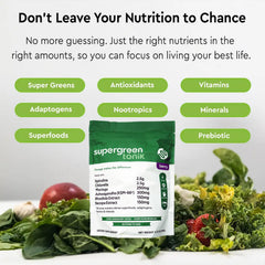 Ingredient list highlights kale, ashwagandha, and other nutrients for daily wellness