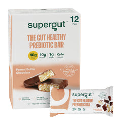 Supergut GLP-1 boosting prebiotic bar packaging featuring peanut butter chocolate for on-the-go nutrition.
