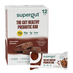 Supergut GLP-1 boosting bar chocolate brownie pack for on-the-go energy and craving-aware snacking.