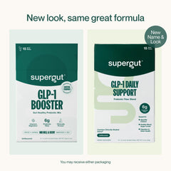 Supergut GLP-1 Daily Support glass with powder swirling for a refreshing drink.