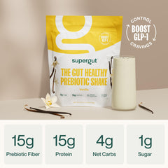 Supergut prebiotic shakes vanilla shake cup highlights convenient meal replacement option.