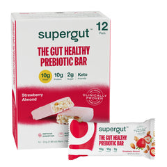 Supergut Strawberry Almond bar front packaging highlights flavor and nutrition.
