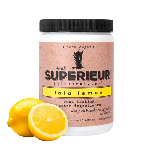 The Superieur Electrolytes Lola Lemon canister front shows keto-friendly hydration with plant minerals.