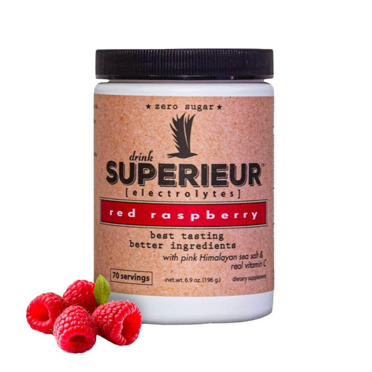 Superieur Electrolytes raspberry canister promoting on-the-go hydration with plant-based ingredients