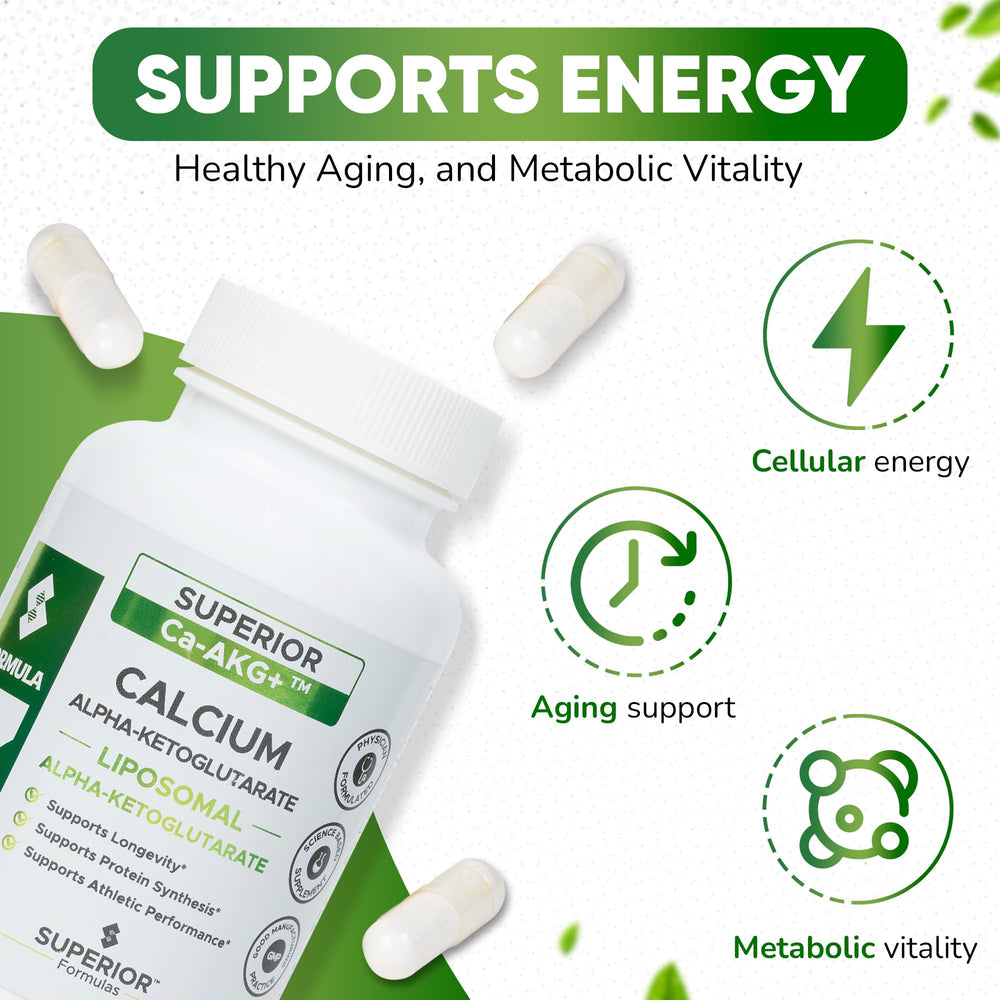 Superior Formulas Liposomal AKG 1100 mg capsules close-up for easy daily use.