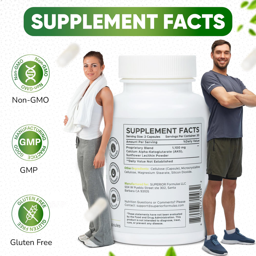 Superior Formulas Liposomal AKG 1100 mg capsules in jar for daily energy.