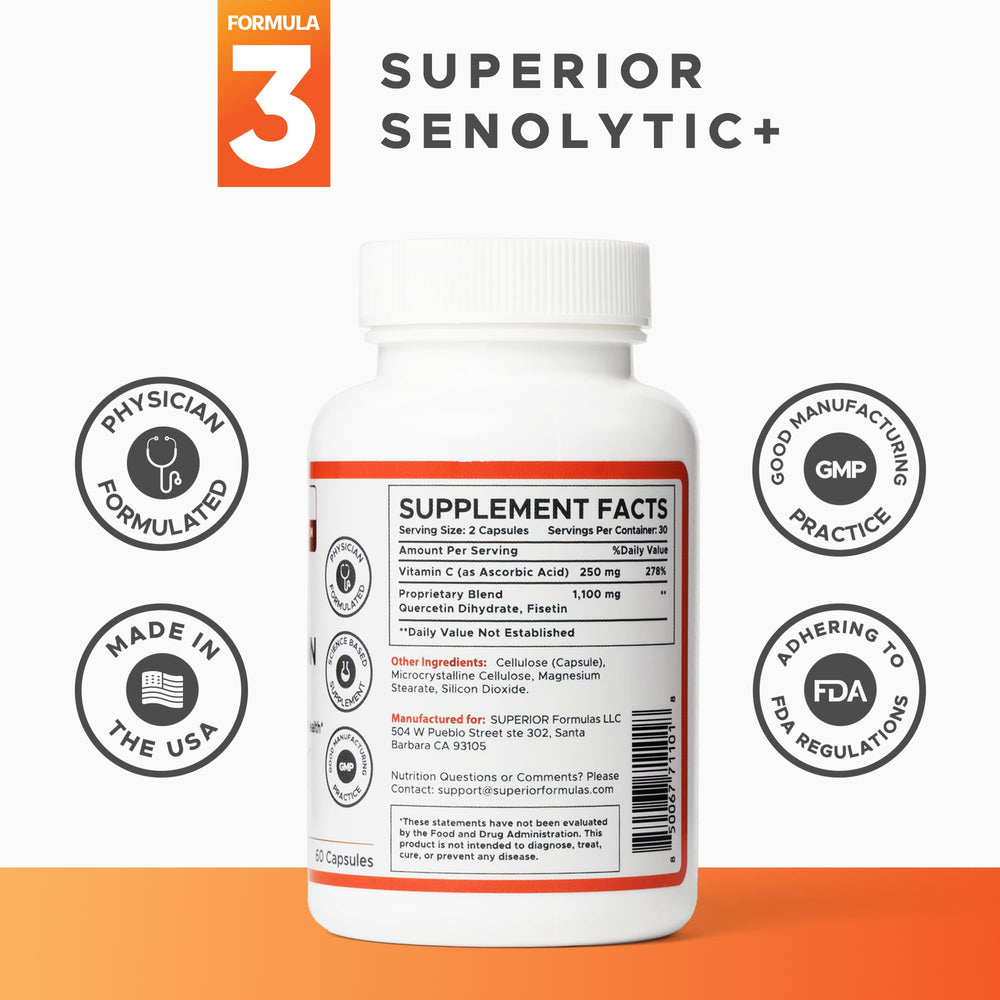 Superior Formulas Senolytic+ label showing ingredients and dosage clarity
