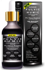 Superior Fulvic Humic X935 bottle close-up highlighting mineral blend for daily use.