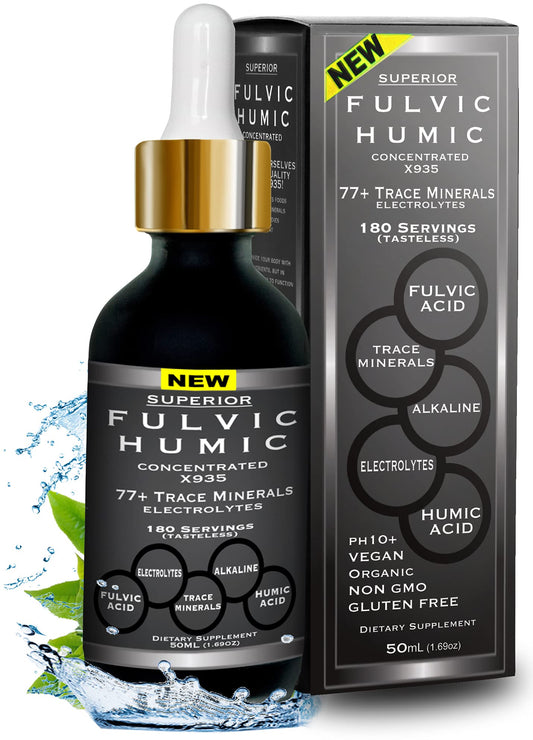 Superior Fulvic Humic X935 bottle pour demonstrates mineral-rich hydration with electrolytes.