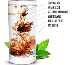Superior Fulvic Humic X935 dark mineral water highlights 77 minerals for enhanced hydration.