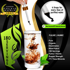 Pouring Superior Fulvic Humic X935 drops into a glass for daily hydration.