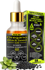 SUPERIOR FULVIC HUMIC X935 oregano and black seed oil bottle showing pure 2-in-1 blend