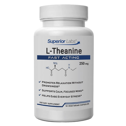 Superior Labs L-Theanine 250 mg capsules in bottle for calm focus