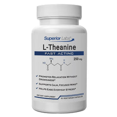 Superior Labs L-Theanine 250 mg capsules in bottle for calm focus