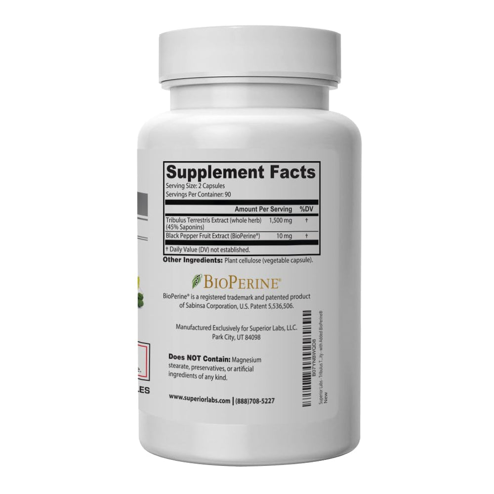 Close-up of Superior Labs Tribulus Terrestris capsules highlighting clean formulation.