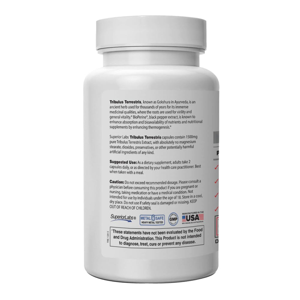 Packaging front of Superior Labs Tribulus Terrestris emphasizing high-potency supplement.