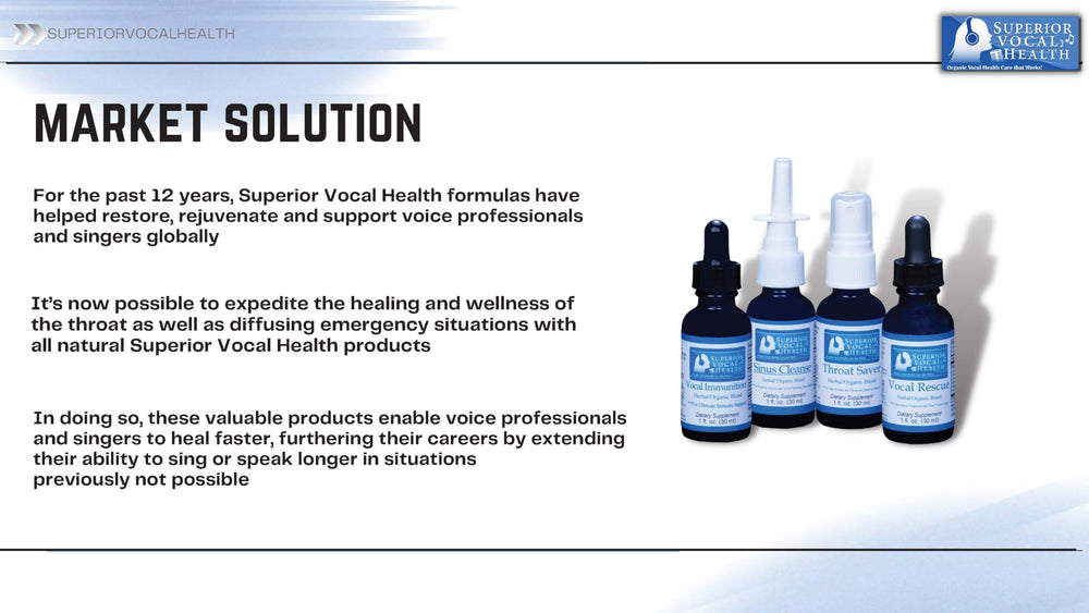 Performance scene featuring Superior Vocal Health Throat Saver branding on stage.