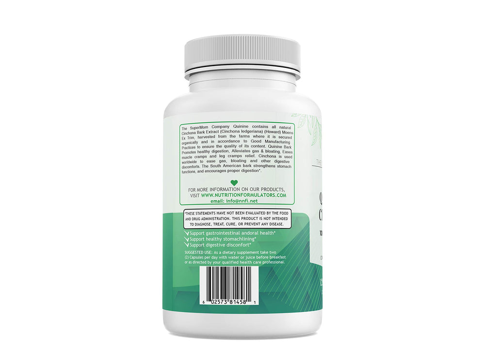 The Supermom Quinine capsules close-up highlights easy-to-swallow capsules.