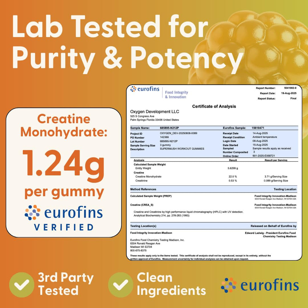 SuperMush mango-creatine gummies indicating sugar-free, no artificial dyes
