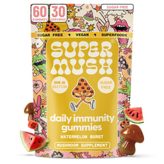 SuperMush Dr. G Daily Greens Gummies bottle with a serving for daily immune and gut support.