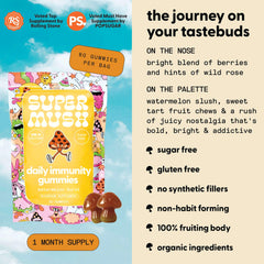 SuperMush Dr. G Daily Greens Gummies label shows vitamin C and zinc for daily immune balance.