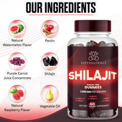 SUPERNUTRIALS Shilajit Gummies ingredient panel reveals fulvic acid and minerals for holistic wellness.
