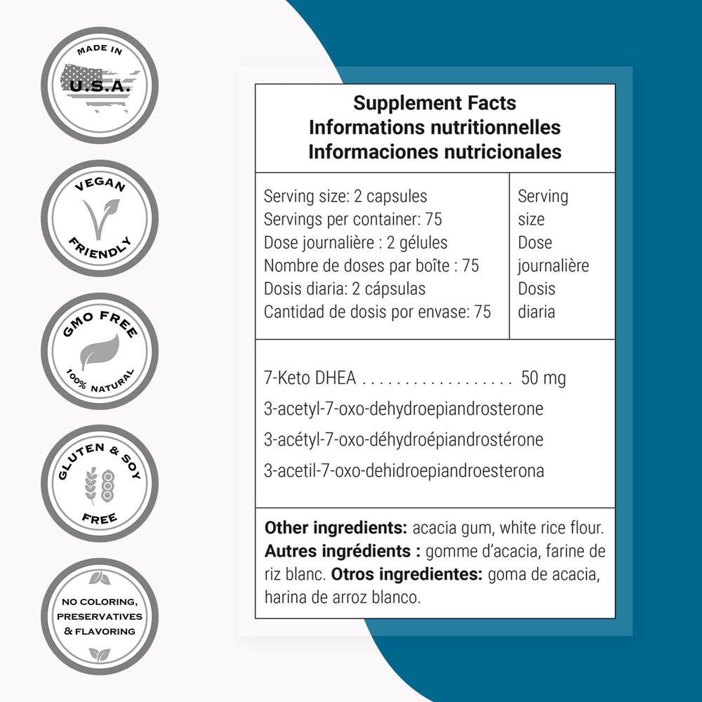 Supersmart 7-Keto DHEA bottle displays gluten-free icon and vegan-friendly pledge