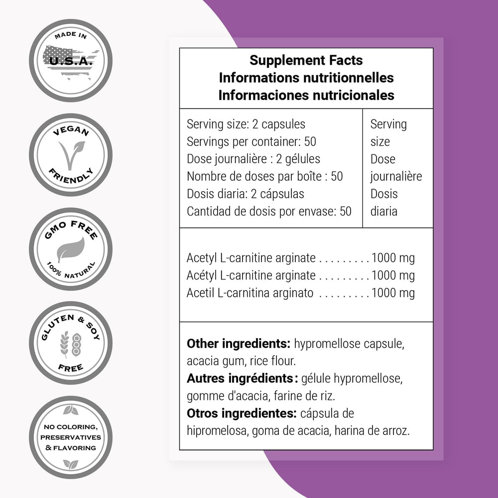 Ingredients panel highlights acetyl L-carnitine arginate composition