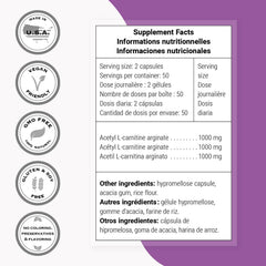 Ingredients panel highlights acetyl L-carnitine arginate composition