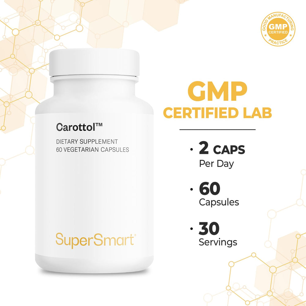 Supersmart Carottol vegan capsules indicating non-GMO and gluten-free formulation