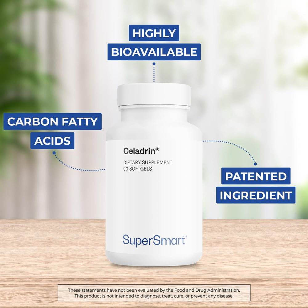 Supersmart Celadrin label close-up shows gluten-free and non-GMO notes.
