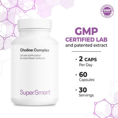 Supersmart Choline Complex box showcases vegan-friendly, non-GMO packaging and storage tips.