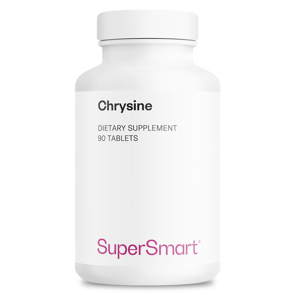 Supersmart Chrysine tablets inside a bottle for daily hormonal balance exploration