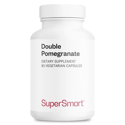 Supersmart Double Pomegranate bottle highlighting ellagic acid 90% content.
