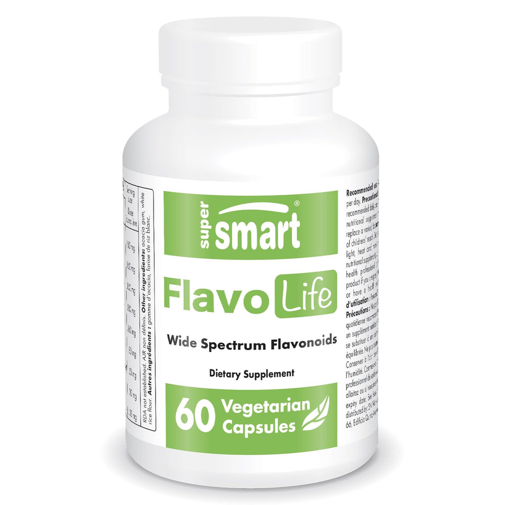 Supersmart FlavoLife bottle close-up showing the flavonoid complex for daily wellness.