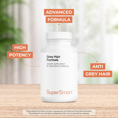 Supersmart Grey Hair Formula ingredients list featuring catalase, biotin and minerals