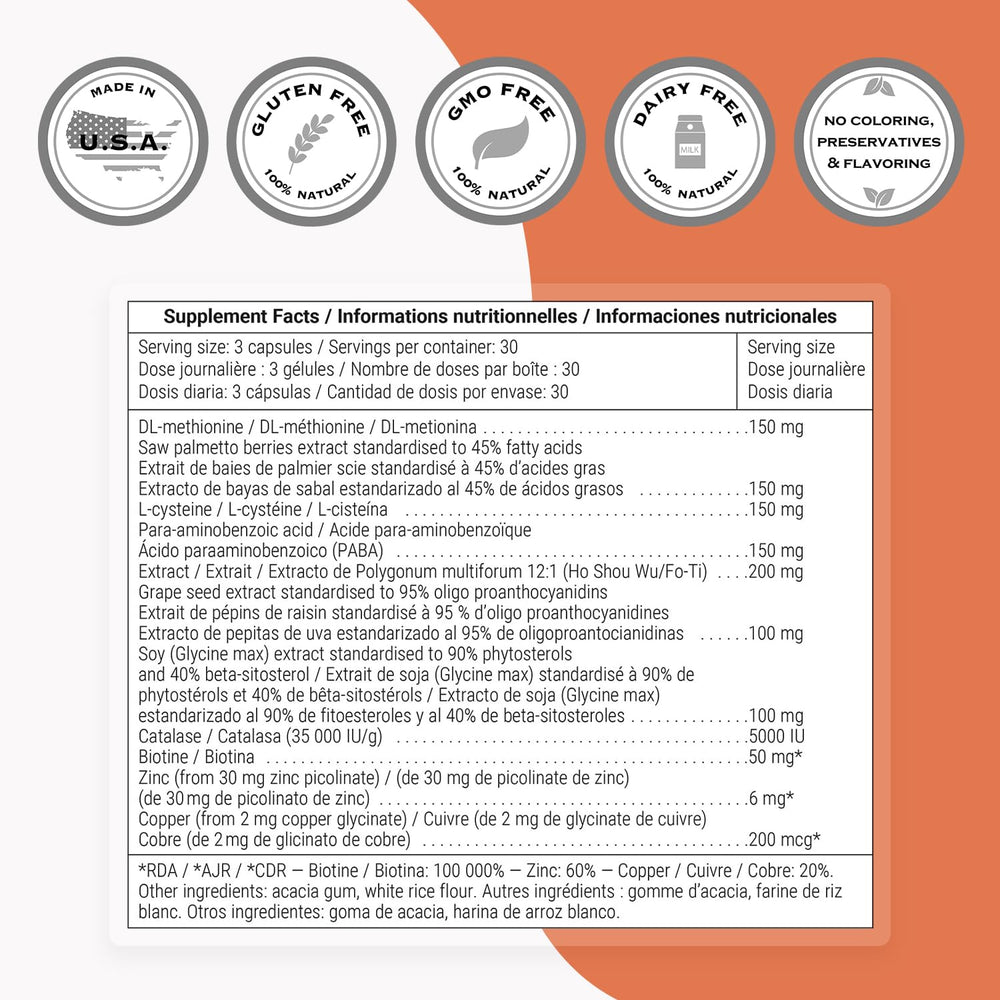 Supersmart Grey Hair Formula label close-up emphasizing non-GMO and vegan attributes