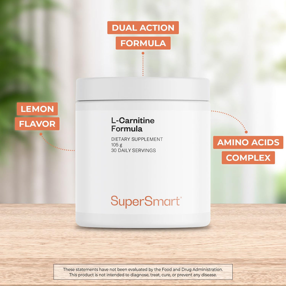 Supersmart L-Carnitine Formula scoop beside bottle shows precise daily dosing