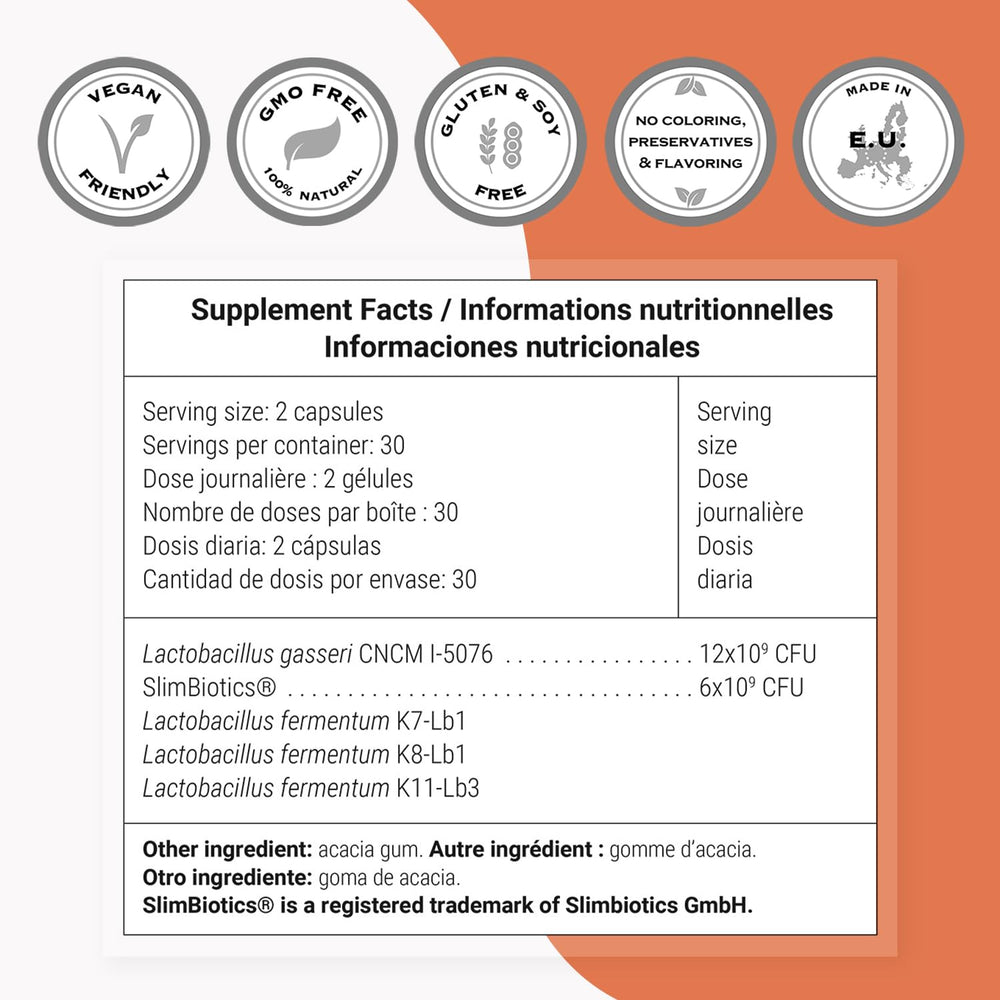Supersmart L. Gasseri SlimBiotics label highlights non-GMO and gluten-free ingredients