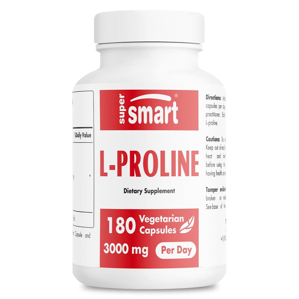 Supersmart L-Proline bottle label highlighting collagen support and product details