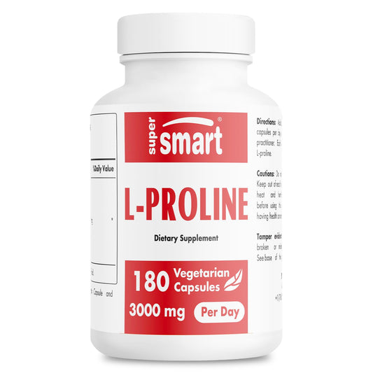 Supersmart L-Proline bottle label highlighting collagen support and product details