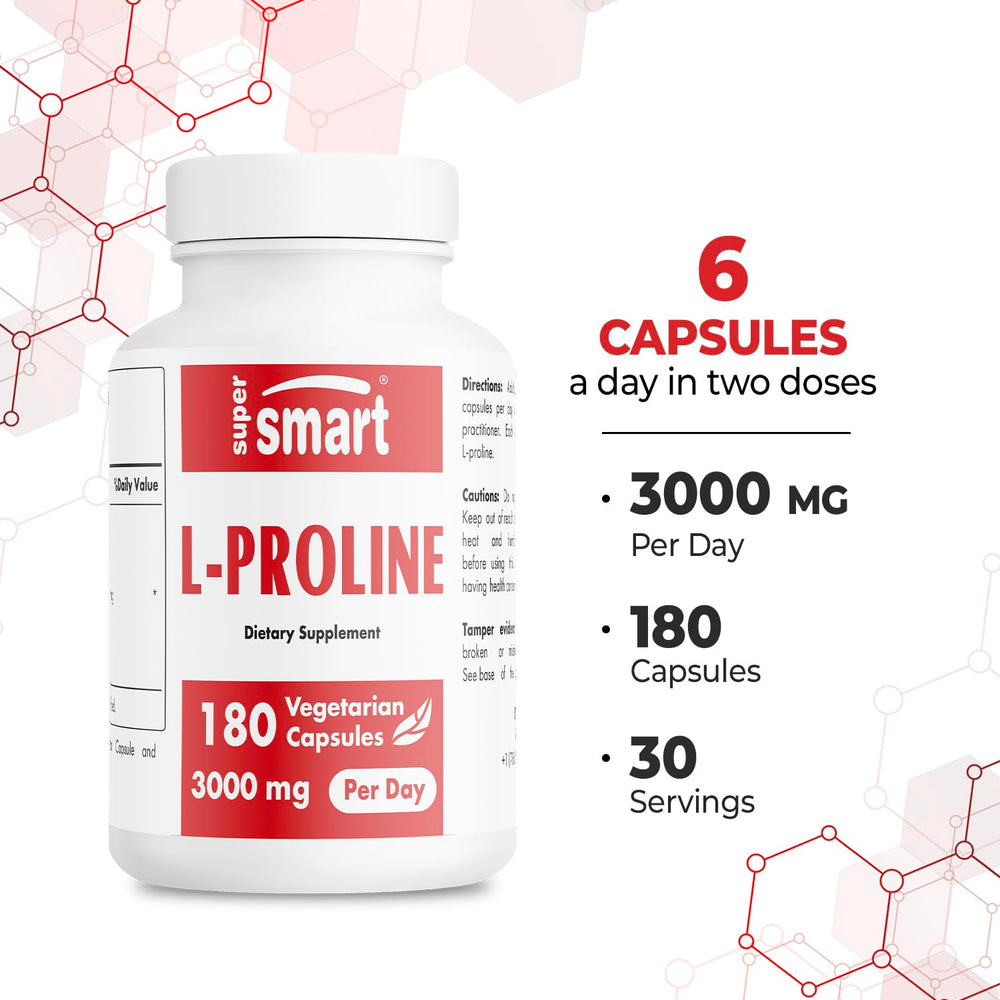 Supersmart L-Proline packaging with gluten-free and non-GMO icons