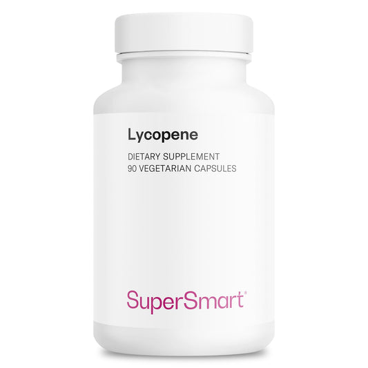 Supersmart Lycopene capsules bottle shows high-potency tomato extract for daily antioxidant support.